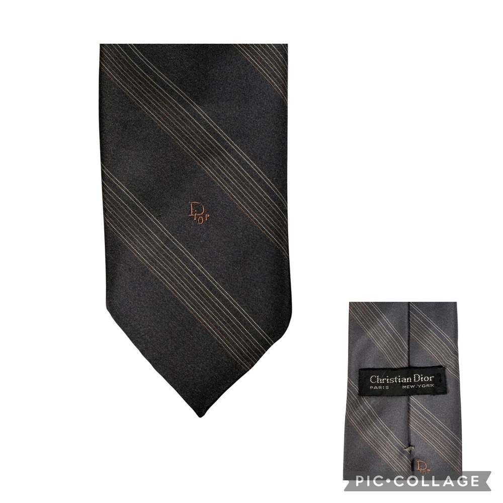 Vintage Christian Dior Men Silk Blend Necktie Grey Striped Designer Logo 57 inch